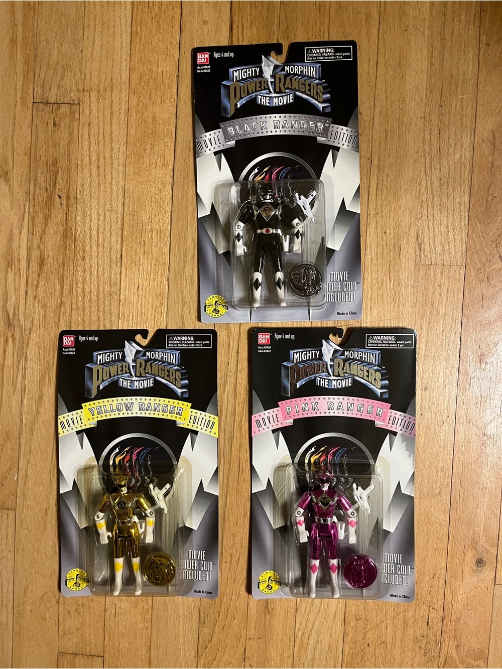 vtg 95 NIP set (3) Mighty Morphin Power Rangers-black,pink,yellow